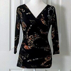 CARMEN MARC VALVO Women's 3/4 Sleeve Top Blouse  Size S  Black Print  NWOT